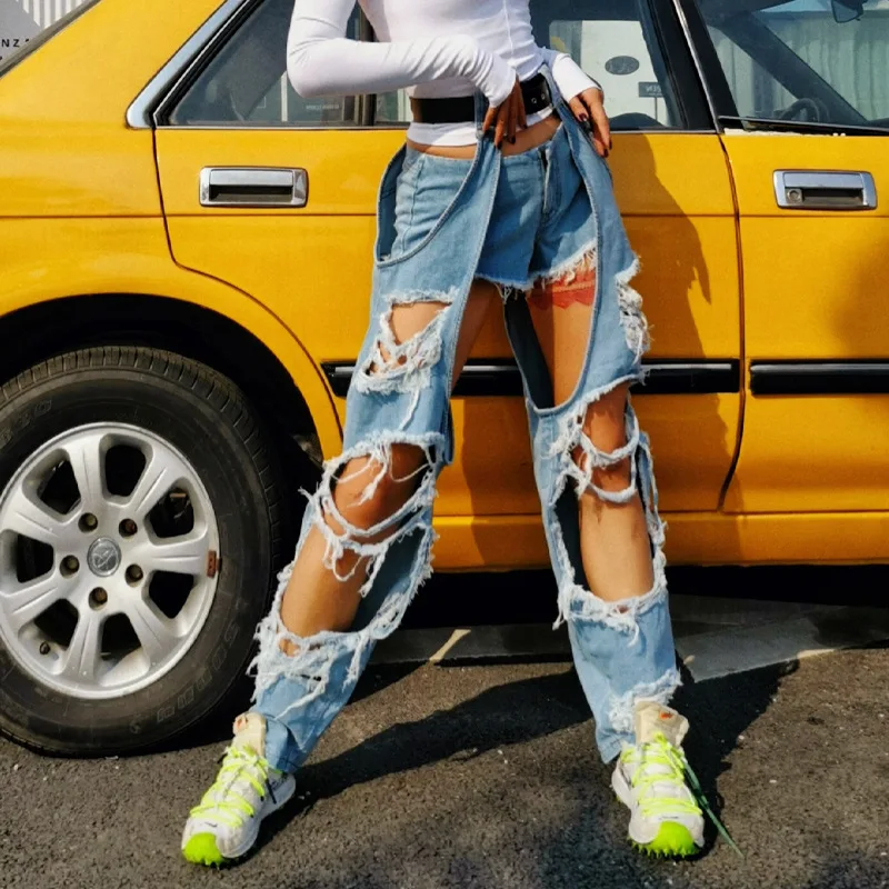 2021 street style hollowed out women's jeans two piece set personality light color high waist straight pants women's fashion