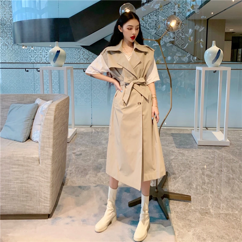 

Spring Women's Vest Trench Coat Short Sleeve Korean Double-Breasted Long with Belt Office Lady Windbreaker Autumn Cloak JK386