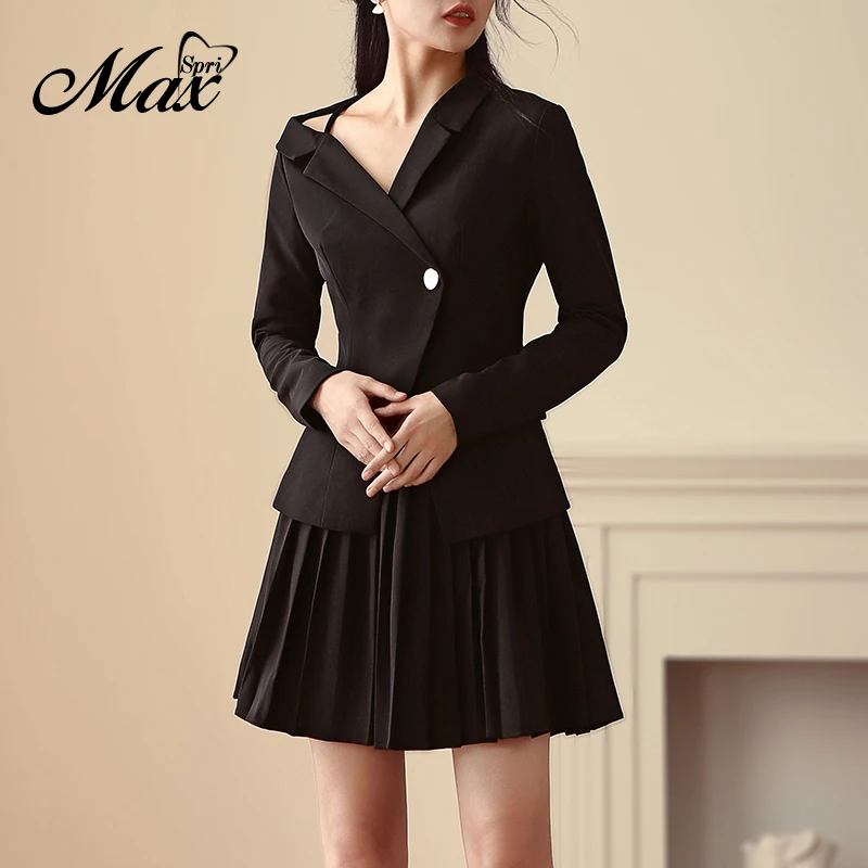 

Max Spri OL Style 2 Piece Set Asymmetrical Neckline Long-Sleeve Slim Top Pleated Skirt Suits 2019 New Fashion Women Black Suits