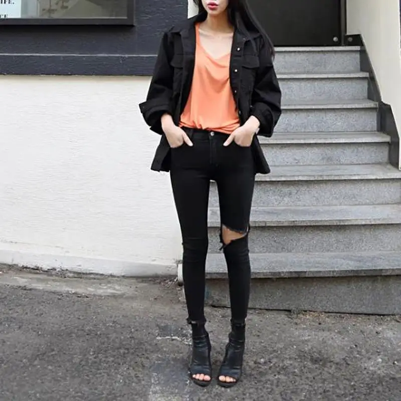 Джинсы женские Асимметричные стрейчевые с дырками высокой талией | Женская