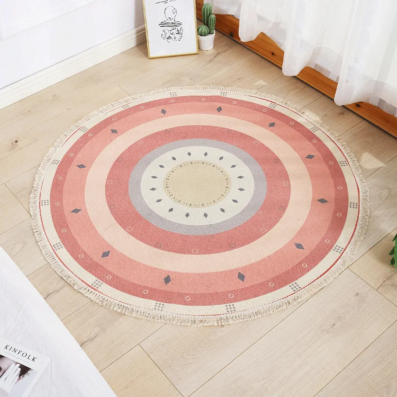 

Round Handmade Carpets for Living room Cotton Linen Tassels Stripe Retro Ethnic Area Rugs Carpet Bedroom Non-Slip Floor Mat