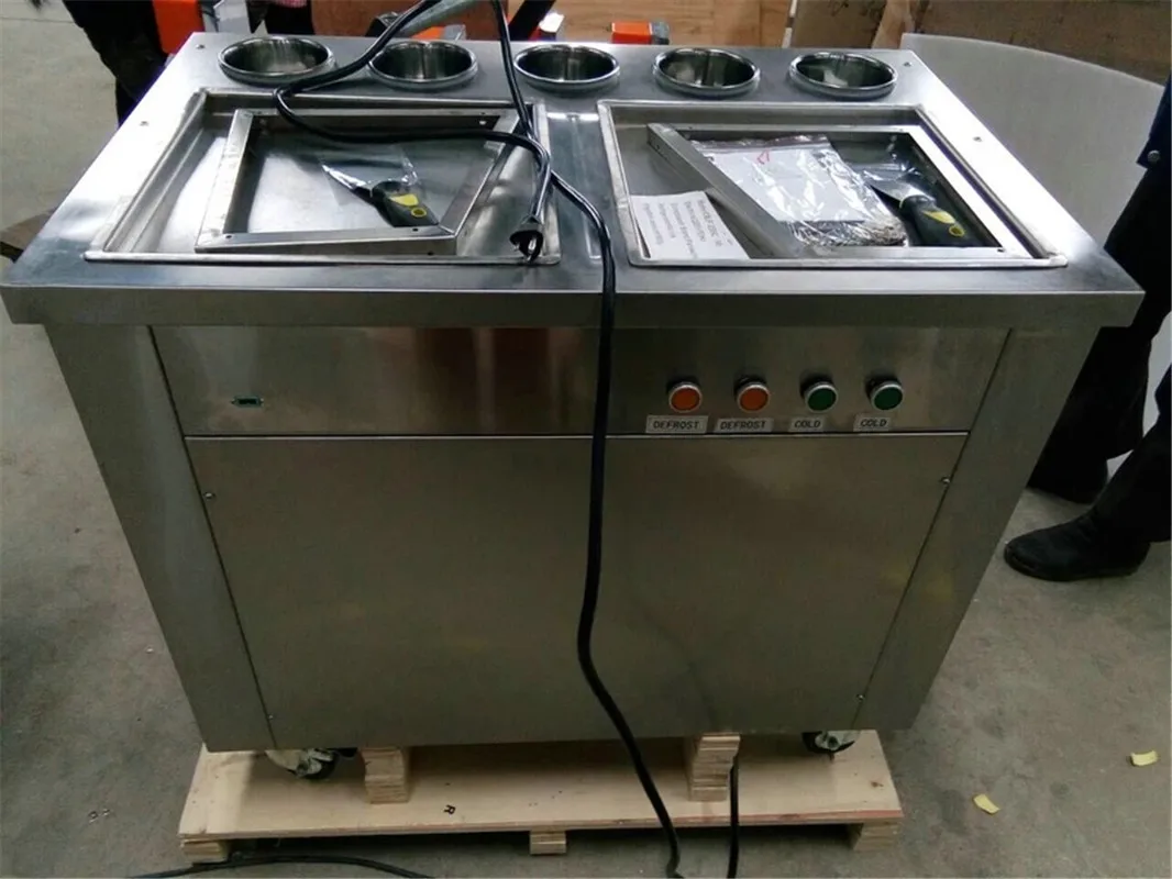 

2021 New double square pans fried ice cream roll machine with 5 topping tanks Fried Ice Cream Machine