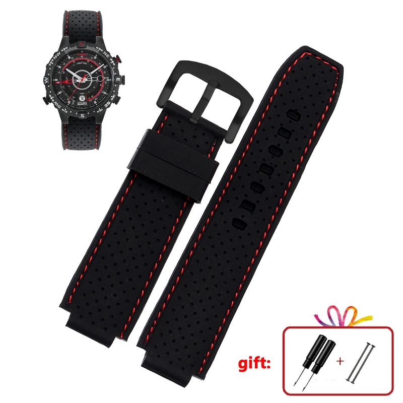 Для мужских часов Timex T49859 | T2N720 | T2p141 | T2n722 | 723 | 738 | 739 водонепроницаемый резиновый ремешок 24*16 мм наконечник с инструментами сережки-гвоздики - Цвет ремешка: black red black