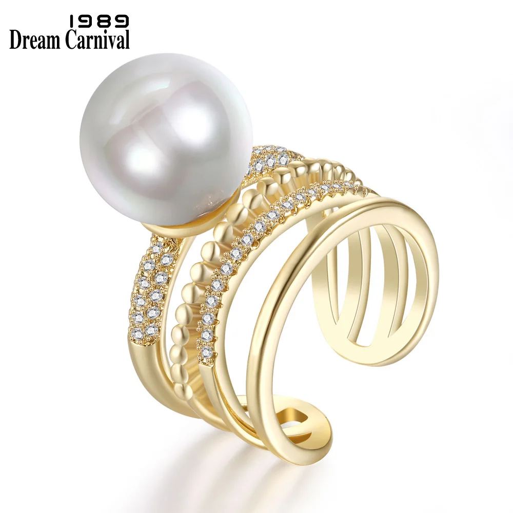 DreamCarnival 1989 изумительные белые синтетические жемчужины AAA кубический цирконий открытые вечерние кольца золотого цвета женские Anillos Mujer WA11497