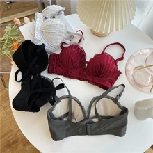 Sous vêtements rétro pour femmes, lingerie légère en velours, petite poitrine froncée, bonnet B, sans anneau en acier, sans bralette  (1)