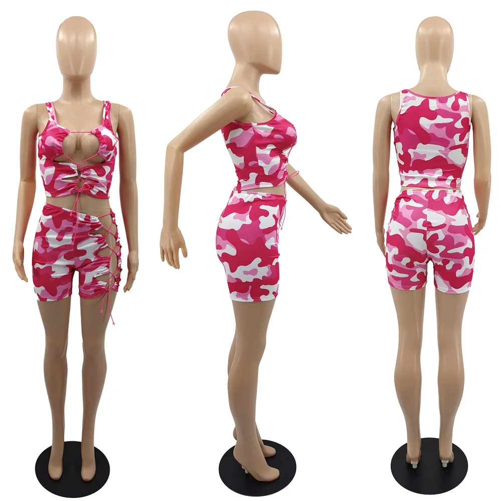 

Women's Tie Rope Cute Camouflage Camouflage Two Piece Sexy Hollow Out Fashion Casual Summer Shorts Sets Wholesale Dropshipping