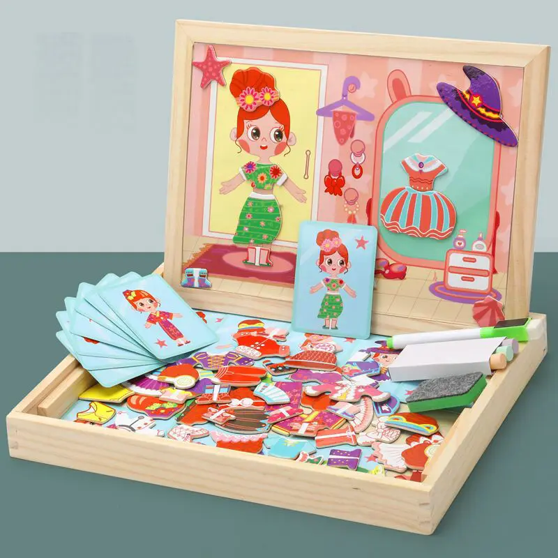 

Magnetic Puzzles Cartoon Girl Changing Clothes Game Animals Puzzles Drawing Board Learning Educational Wooden Toys Children Gift