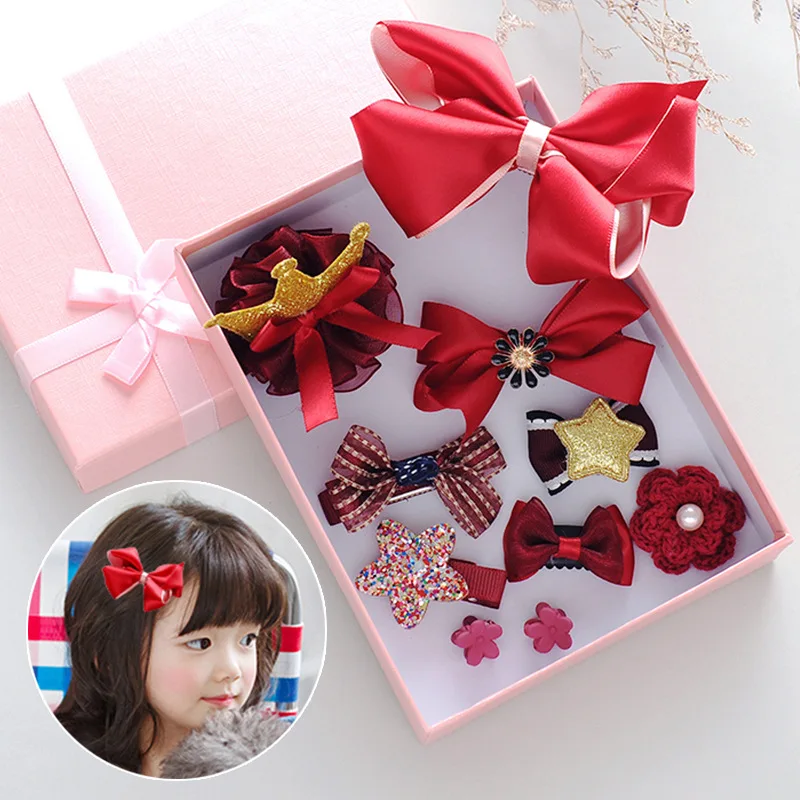 10pcs/set Gift Box Hair Clips for Girls Accessories Lovely Cartoon Bow Kids Hairpins Headwear Princess Flower Barrettes | Красота и