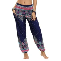 Women's Thai Floral Print Harem Pants. Hippie Elastic Smocked Waist Boho Beach Yoga Pants,Lounge Beach Pants