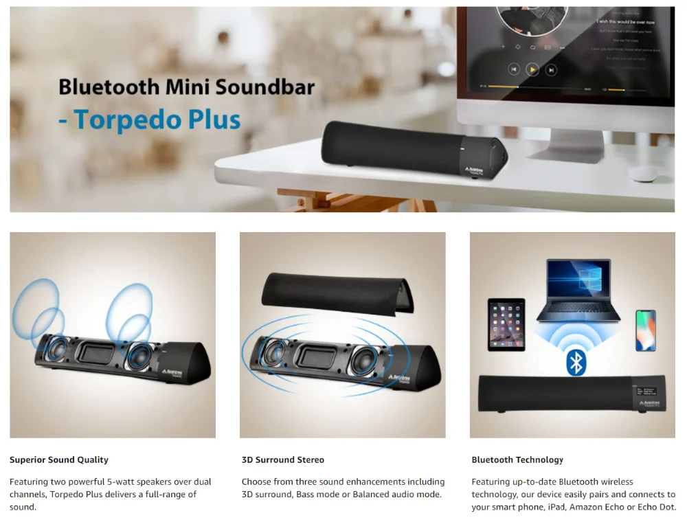 Avantree 10 Вт Aptx низкая задержка Bluetooth 4,2 колонки для ноутбука, беспроводной Саундбар супер бас мини звуковая панель для ТВ Игры