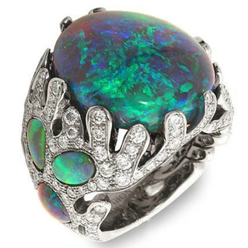 

Exquisite Colorful Hollow-out Round Opal Finger Ring Creative Zircon Rhinestone Crystal Ring For Women Party Fashion Jewelry