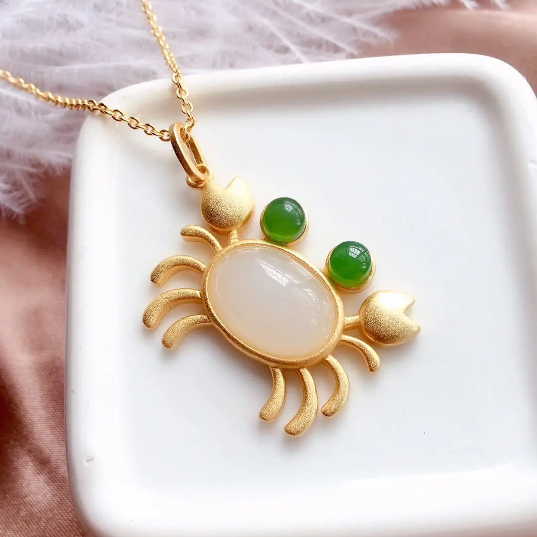 

silver inlaid natural Hetian white jade Crab Pendant Necklace Chinese style retro fresh romantic charming fairy brand jewelry