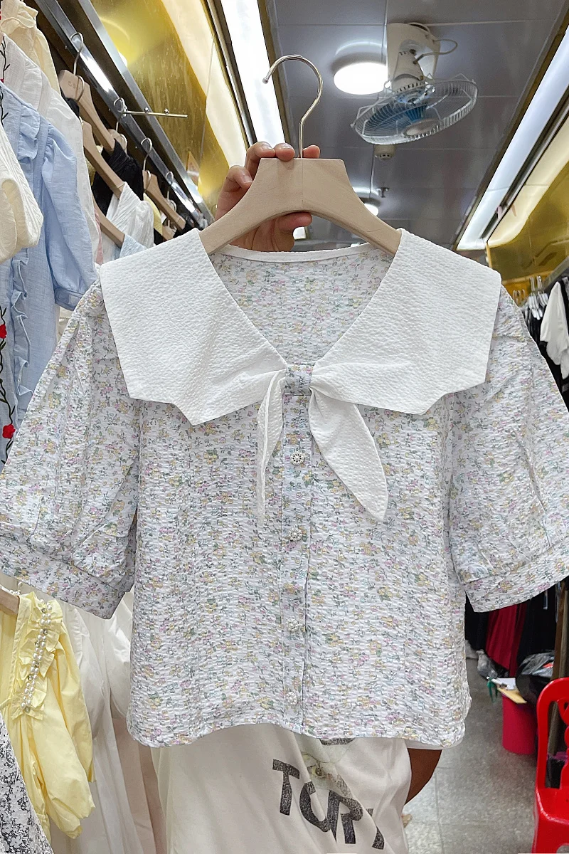 

2021 Summer New Fashion All-Match Floral Printed Blouse for Ladies Sailor Collar Puff Sleeve Single-Breasted Shirt Female