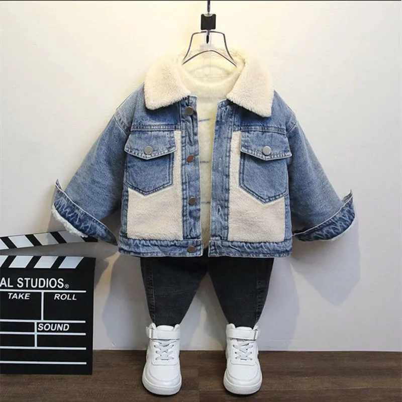 

3-7Y Boys Velvet Thick Denim Jacket Winter Baby Fall/winter Clothes Fashionable Jacket Children Foreign Style Boy Coat