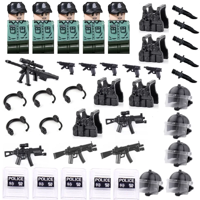 

5PCS Hong Kong PTU City Police Soldier Mini MOC Figure Military Weapon Building Block Brick Modern Army Block Brick Toy for Kid