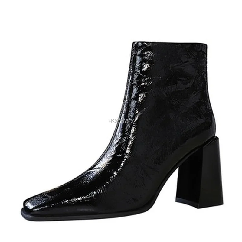 

Женские ботильоны из мягкой лакированной кожи, черные или персиковые ботильоны на толстой подошве, на молнии, Осень-зима 2021