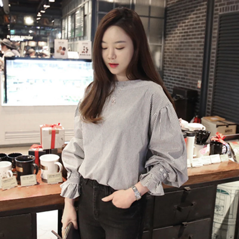 

GALCAUR Striped Shirt For Women O Neck Lantern Long Sleeve Ruched Hit Color Blouses Female Fashion Clothing 2021 Summer New Tide