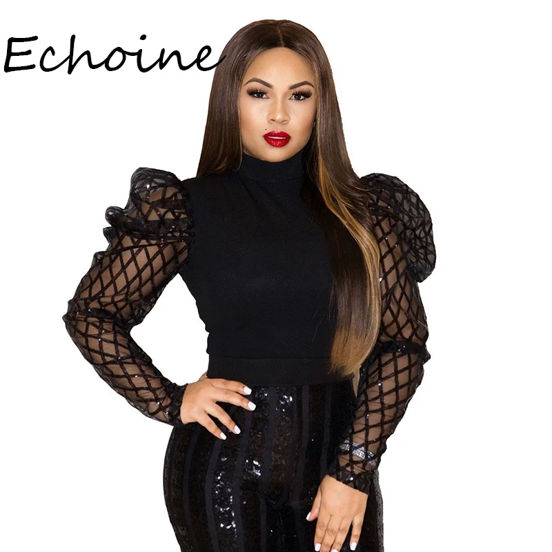 Модный блестящий топ в стиле пэчворк Прозрачная Клубная одежда с длинным рукавом