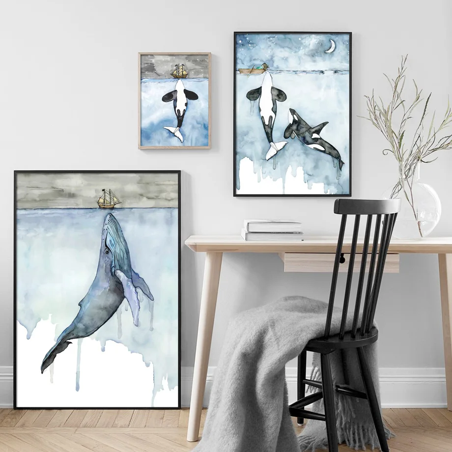 Whale Sea Boat Moon Cartoon Wall Art Print Canvas Painting Nordic Posters And Prints Pictures Baby Kids Room Decor | Дом и сад