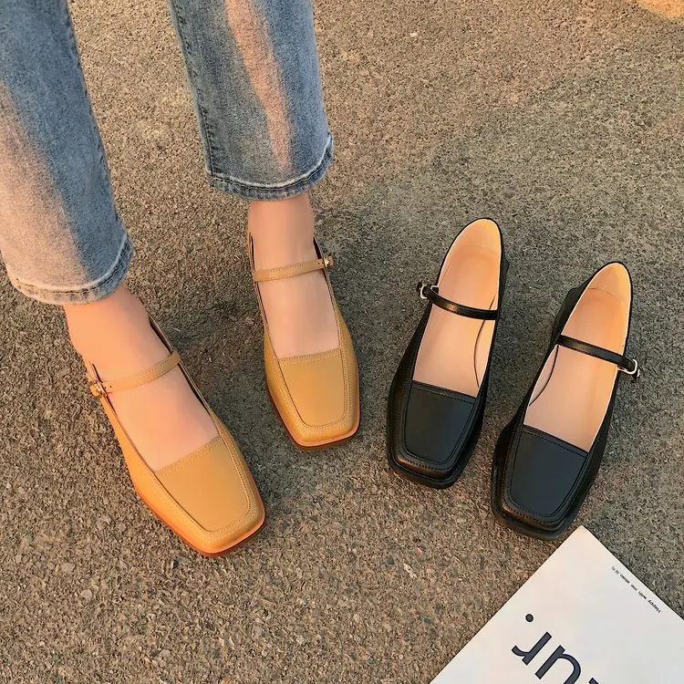 

Women Spring Summer Leather Pumps Square Toe Marry Jeans Shoes Med Square Heel Buckle Leather Shoes Shallow Sandals 5 cm
