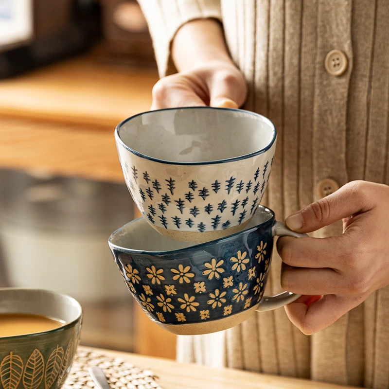 310ml Japanese Vintage Ceramic Mug Handgrip Cup for Breakfast Milk Oatmeal Coffee Heat Resistant Office Home Drinkware Tool