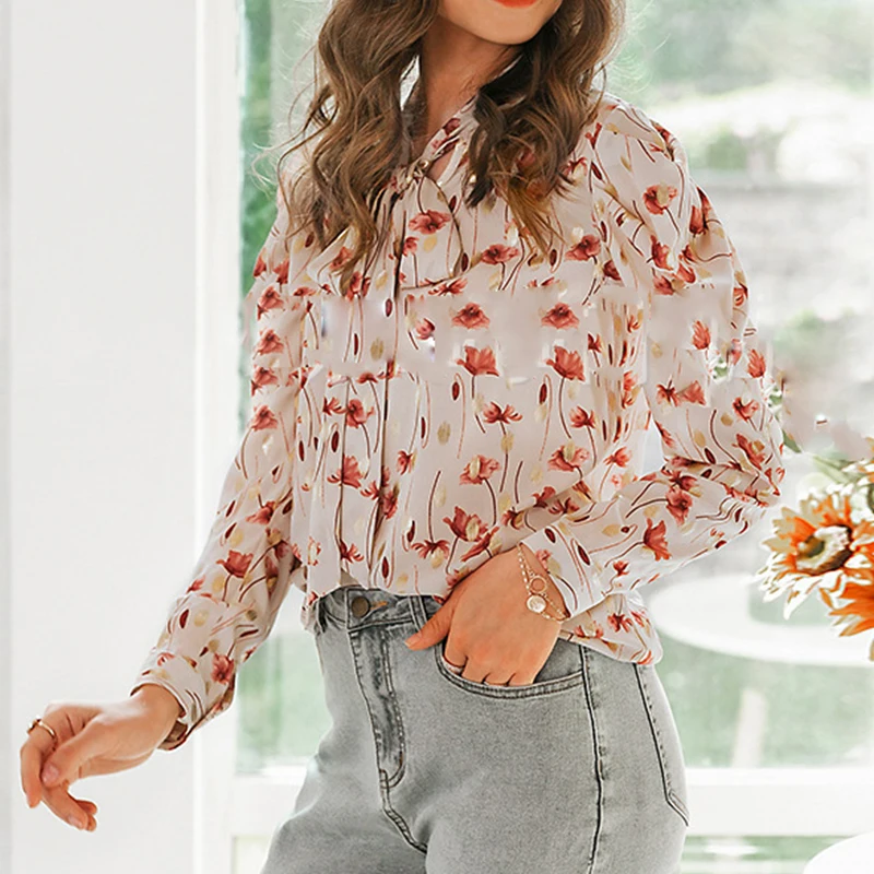 

2020 New Women Shirts Long Sleeve Printing Bow Tie Lace Up Autumn New Women's Blouse Casual