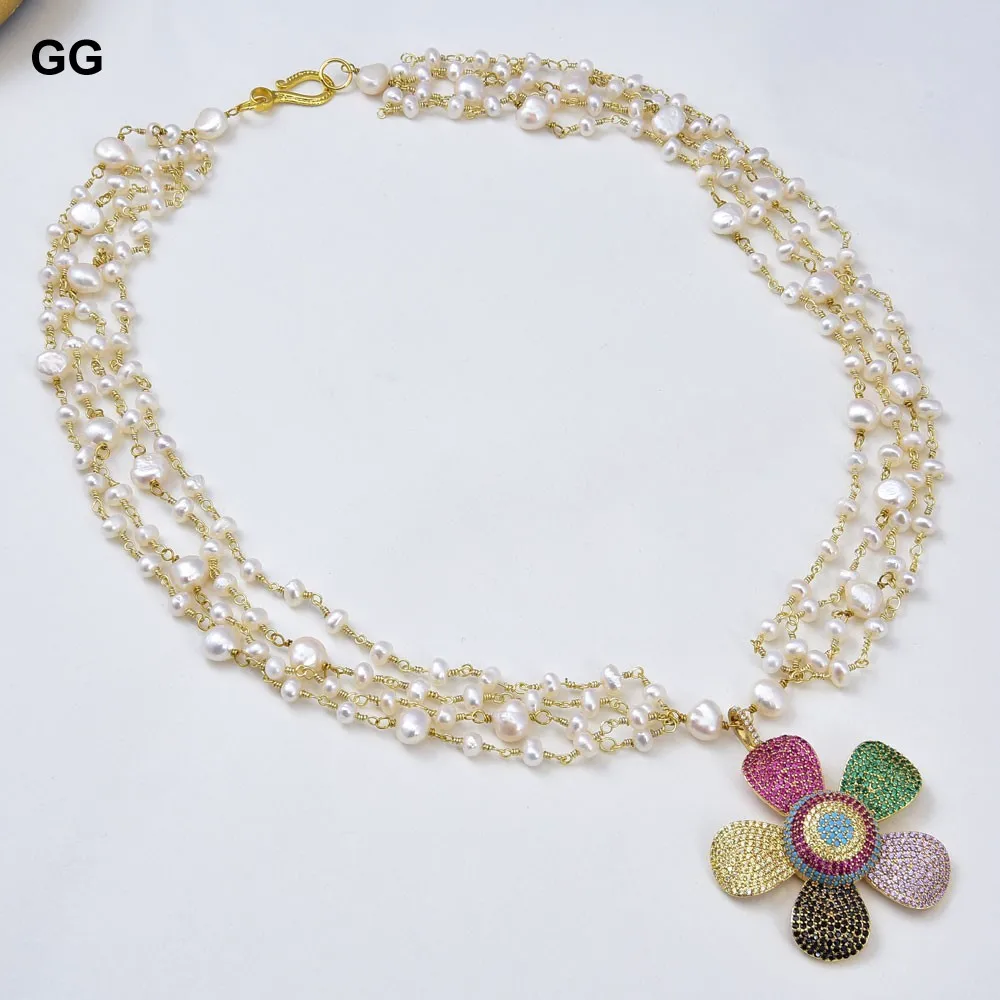 GG Jewelry 24'' 4 Strands White Pearl Necklace CZ Pave Flower Pendant | Украшения и аксессуары