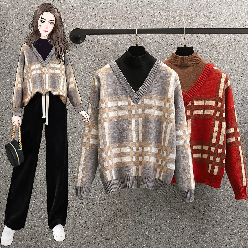 

Plaid False Two Piece Knitted Plus Large Size Oversize Korean Style Fashion Pullovers For Autumn Women'S Clothing Ladies Sweater