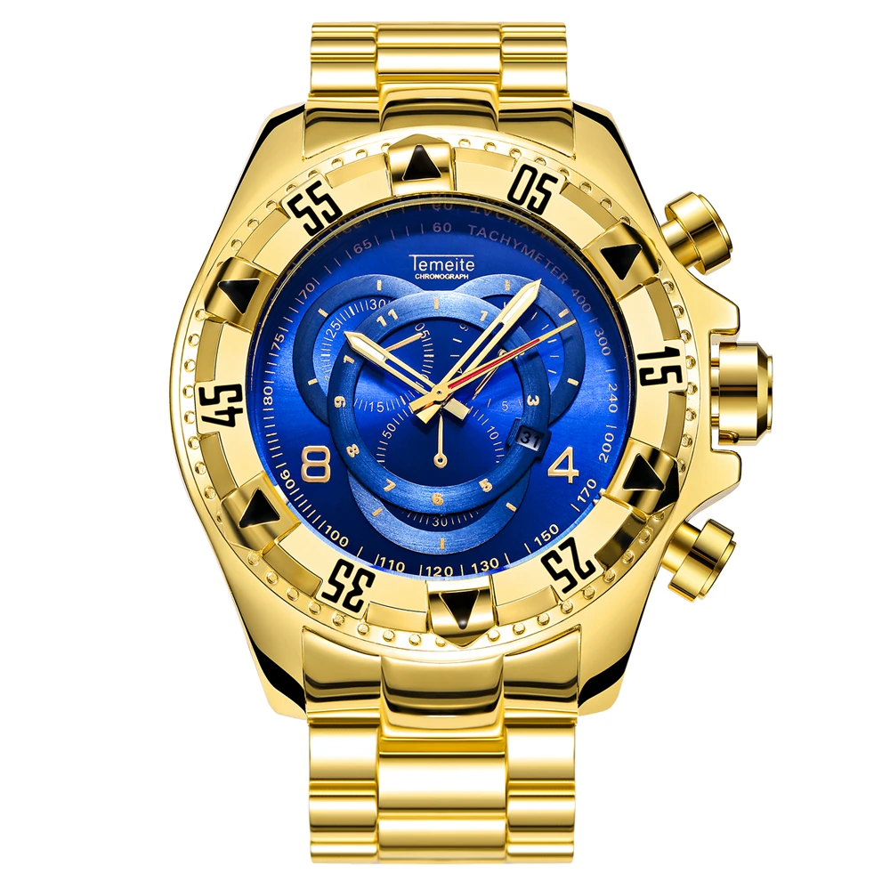 GOLD BLUE TEMEITE модные негабаритные кварцевые часы мужские военные мужские s часы лучший бренд класса люкс стальной ремешок дисплей с датой аналоговый синий наручные часы - Цвет: GOLD BLUE