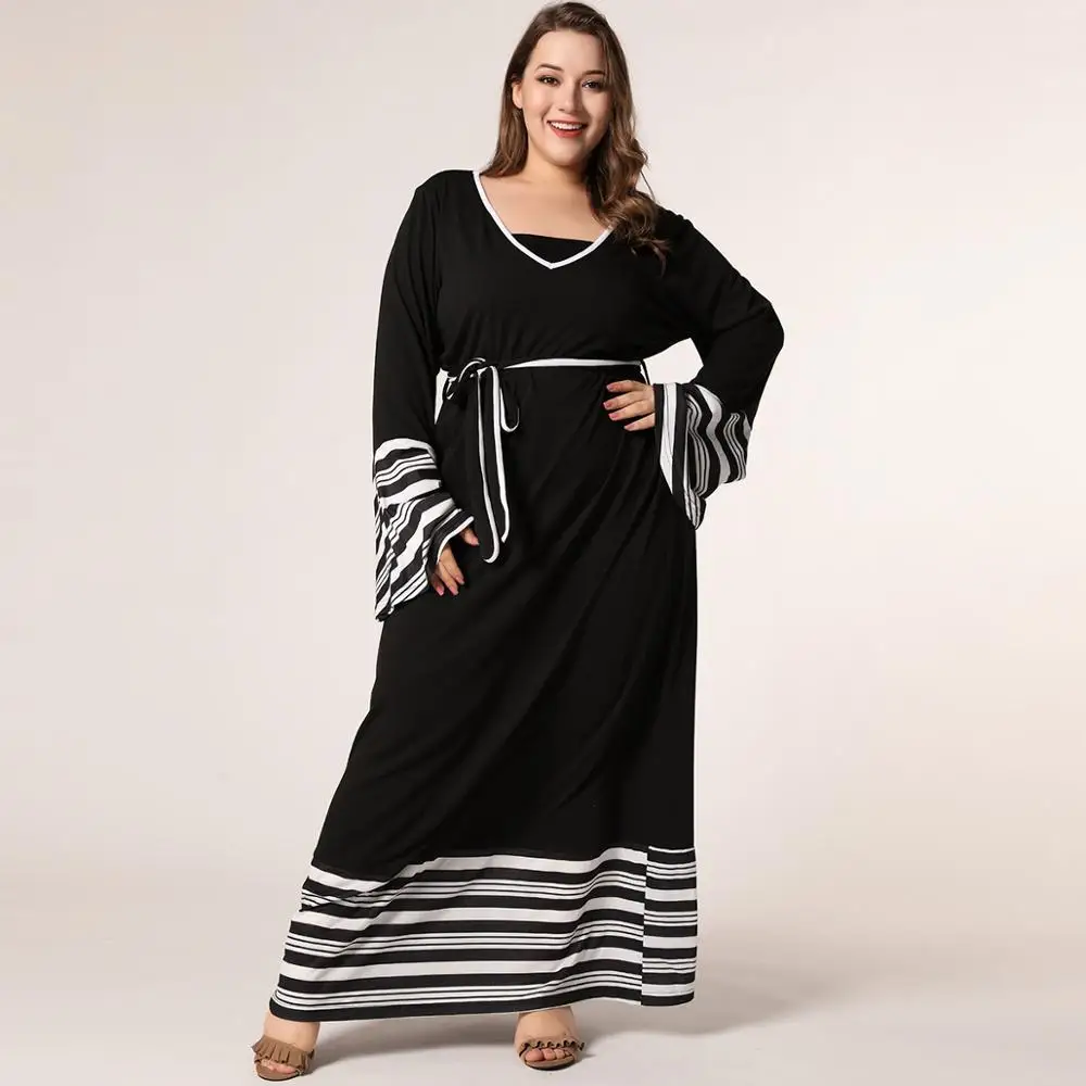 Макси платье размера плюс с расклешенными рукавами для женщин летнее Полосатое