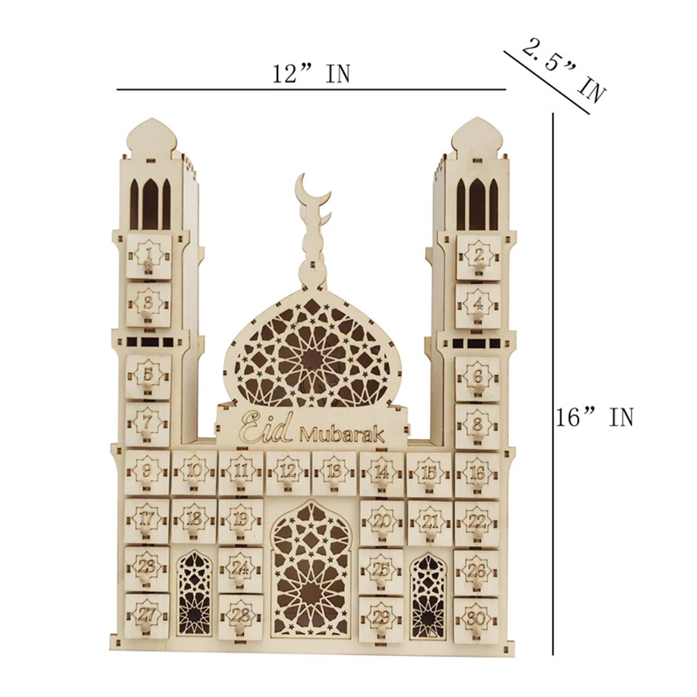 

2021 New Wooden Eid Mubarak Ramadan Advent Calendar DIY Palace LED Light Ramadan Countdown DIY Drawer Muslim Decor