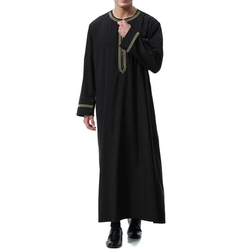 

Muslim Arab Middle East Men's Printed Zip Round Neck Robe Solid Color Long Length Tops Round Zipper Casual Loose Men's Shirt