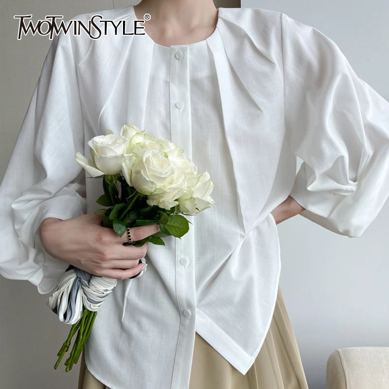 

TWOTWINSTYLE Lantern Long Sleeve Shirts For Female O Neck Solid Color Loose Women's Casual Shirt Fashion Autumn New 2021