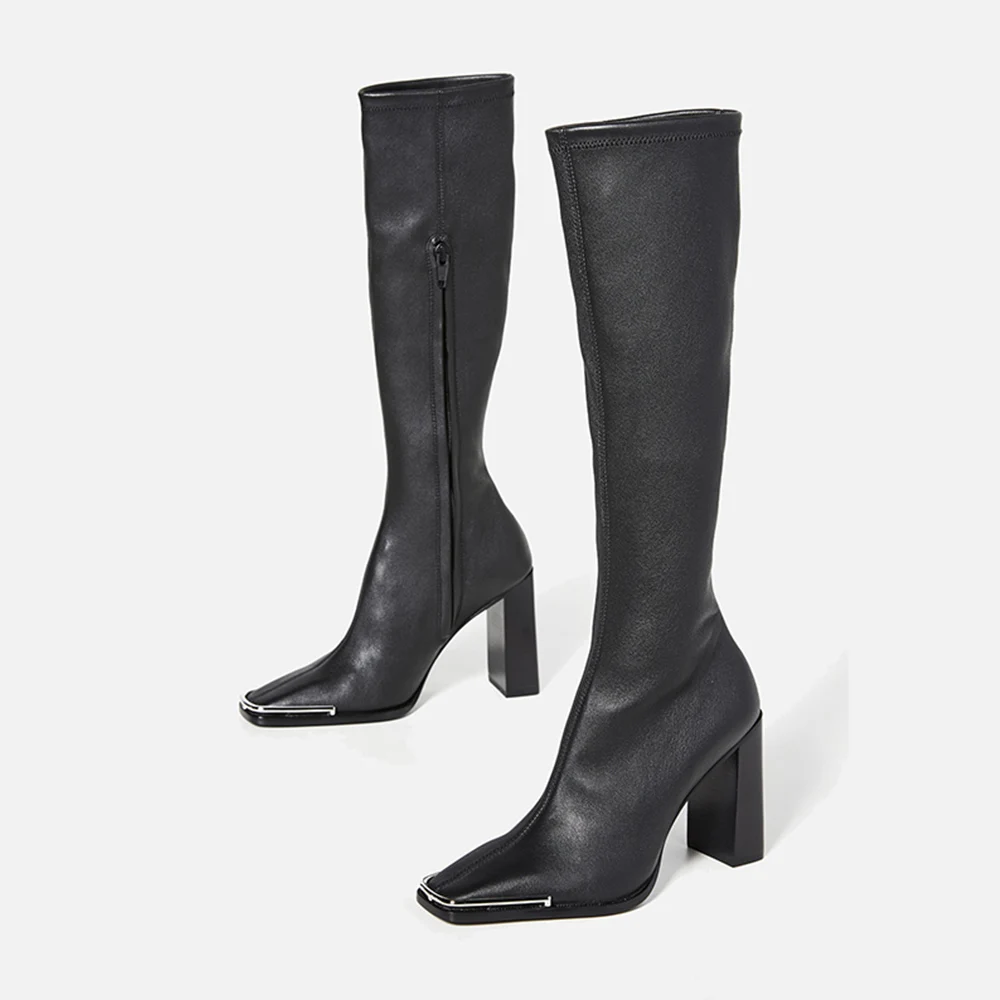 Женские сапоги до колена MUMANI, черные кожаные сапоги на молнии с квадратным носком, на тонком каблуке 8,5 см, модная Банкетная обувь ручной работы - Женская обувь на зиму и осень