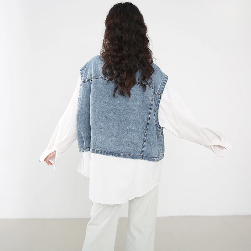 

[EAM] Women White Irregular Denim Big Size Blouse New Lapel Long Sleeve Loose Fit Shirt Fashion Tide Spring Summer 2021 1X25500