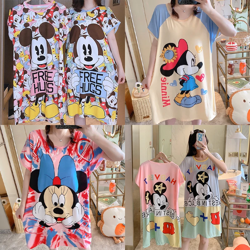 Disney Cartoon Mouse Minnie Print Night Dress New Women Nightgown Loose Short Sleeve Sleepshirts Nightdress Lovely Pajamas