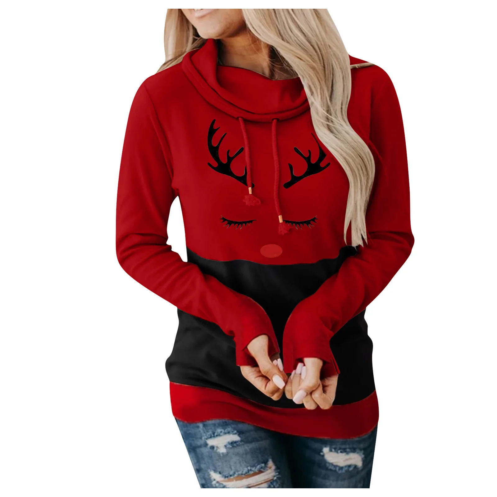 

Autumn Winter Clothing Women Sweatshirt Sweet New Round Collar Tops Vintage Cartoon Print Christmas Hoodie Long Sleeve Slim Top