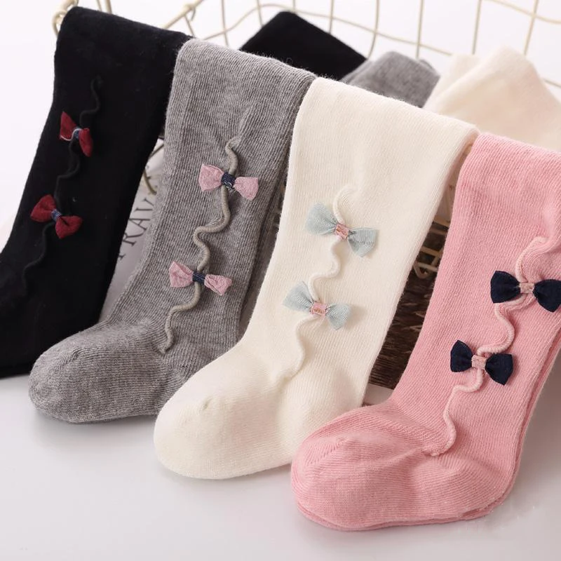 

0-3 Years Cute Baby Girls Bowknot Cotton Warm Tights Kids Stockings Autumn Winter White Black Grey Pink Girl Solid Stockings