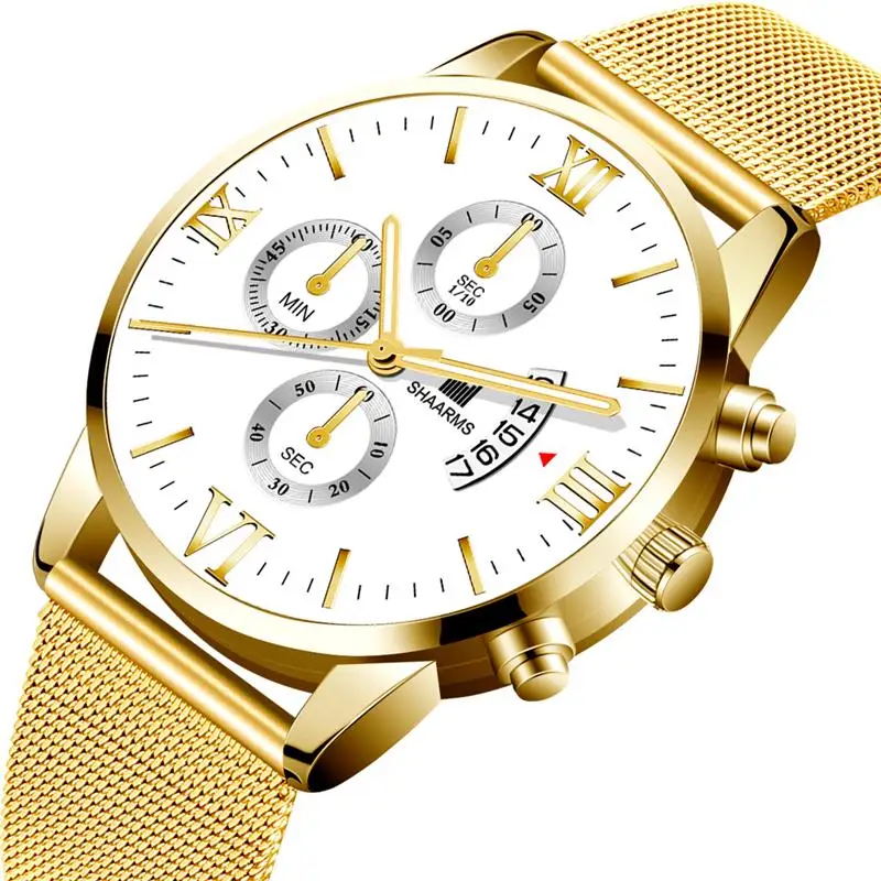 Роскошные золотые деловые часы из нержавеющей стали с сетчатым ремешком