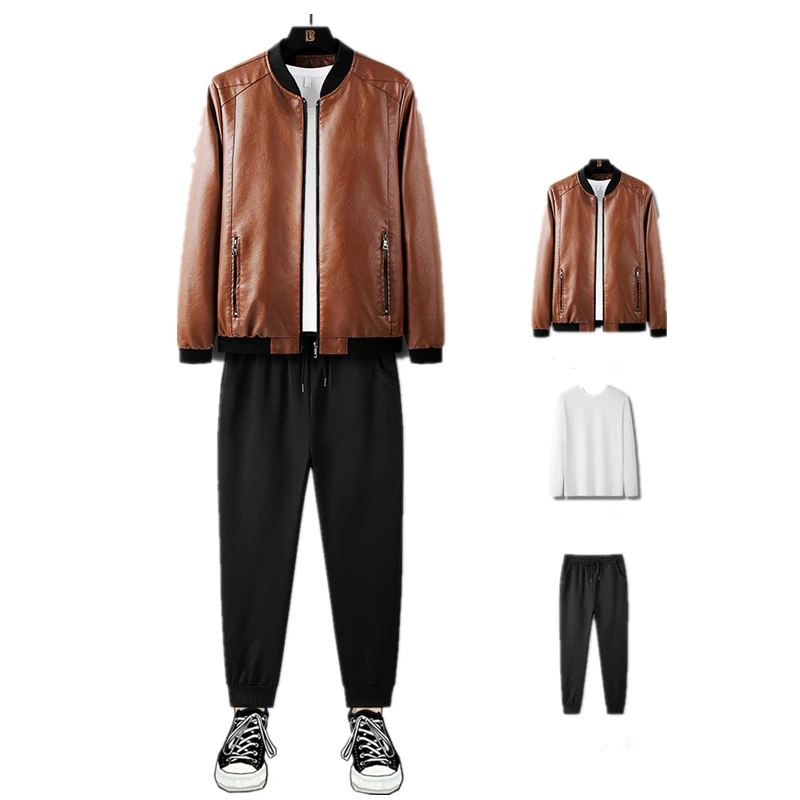 New Youth Mens 3 Piece Suits Loose Leather Jacket Faux Leather Warm Large Size Outwear Joggers Pants Crewneck Sweatshirt