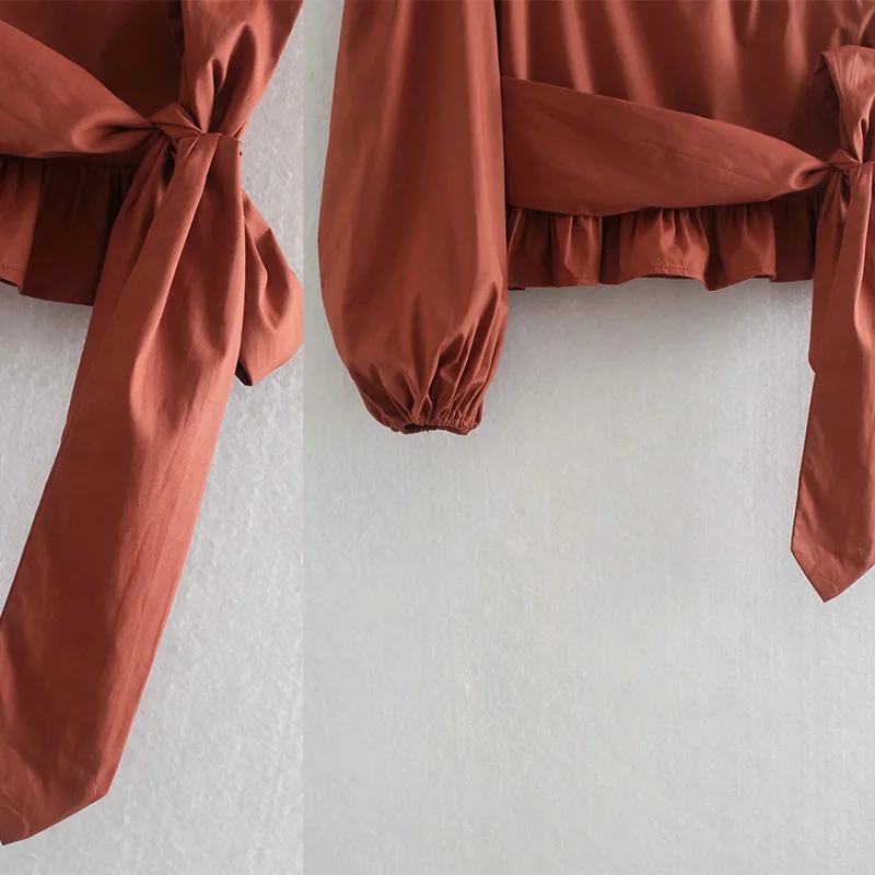

Women One Shoulder Blouse Vintage Red Wine Crop Tops Cotton Ruffle Hem Lantern Sleeve Female Tops Wrap Shirt Tops Summer Blusas