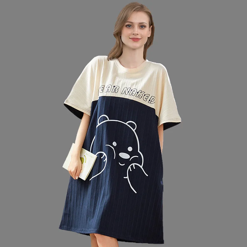 

Summer New Women Cartoon Cotton Nightshirt Short Sleeve Nightgown Comfort Ladies Nightdress Loungewear Loose Casual Sleepwear