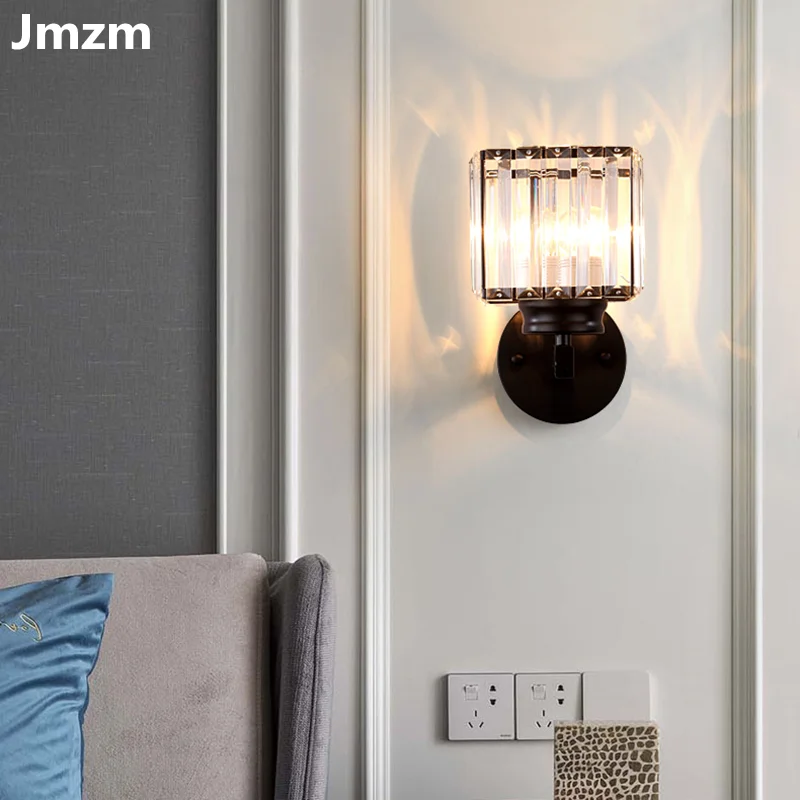 Jmzm Crystal Gold Wall Lamp Light Luxury Bedroom Bedside Lamp Hotel Villa Corridor Decorative Square LED Sconces Lighting Black
