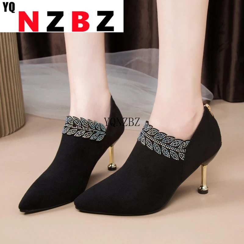 

2021 Autumn Women's Shoes Pumps ZIP Solid Crystal Pointed Toe Fashion Sweet Sexy High Heels Thin Heels Flock All-match