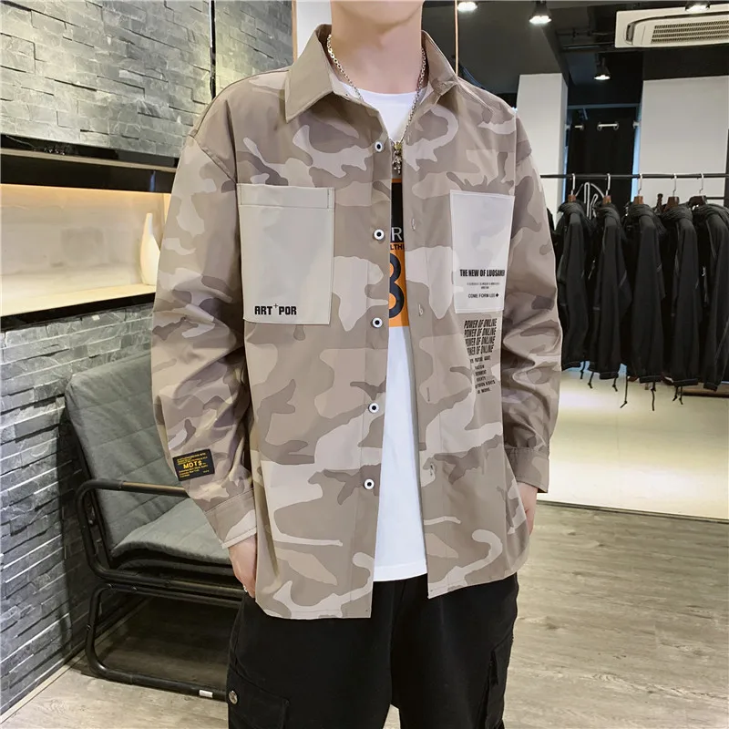 Мужские рубашки с длинными рукавами хлопковая камуфляжная черная Повседневная