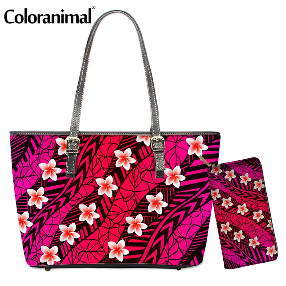 

Coloranimal Hawaiian Tribal Polynesian Plumeria Printed Ladies Tote Shoulder Bag Large PU Crossbody Bag Women 2Pcs/Set Handbag