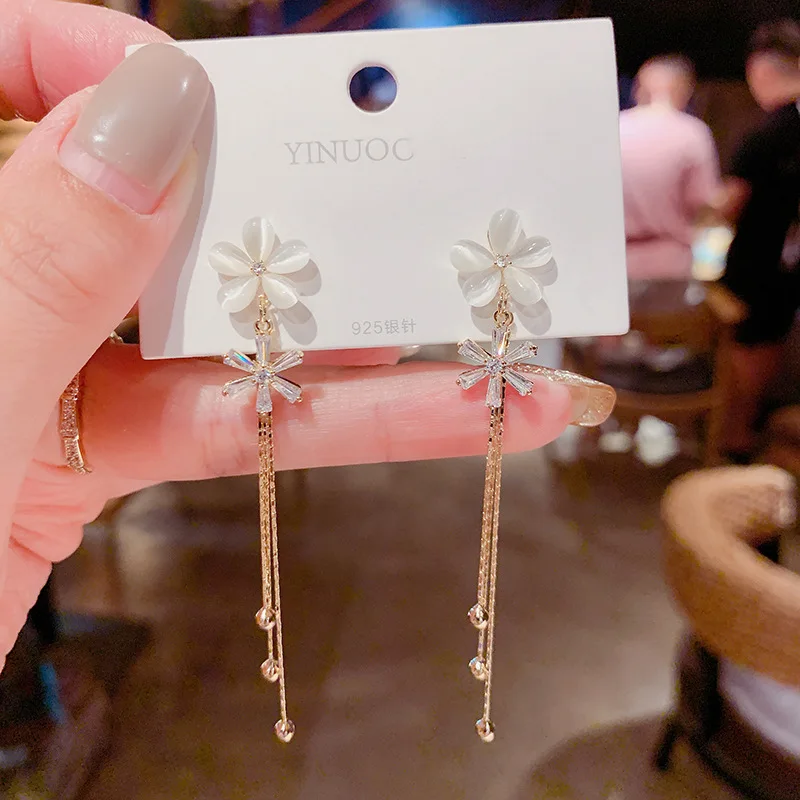 

2020 NewTrendy Korean Six Flower Water Drop Opal Zircon Dangle Earrings For Women Jewelry Long Tassel Earring Party Wedding Gift