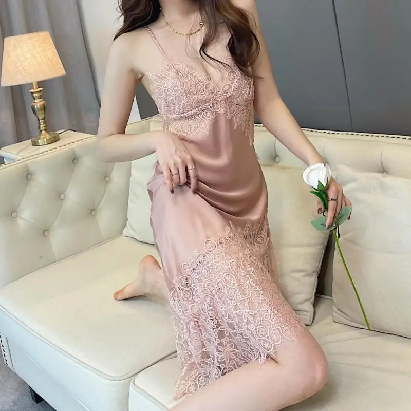 

Women Sexy Nightgown Faux Silk Sleep Dress Spaghetti Strap Nightdress Full Slip Lace Sleepwear Intimate Lingerie Satin Nightwear