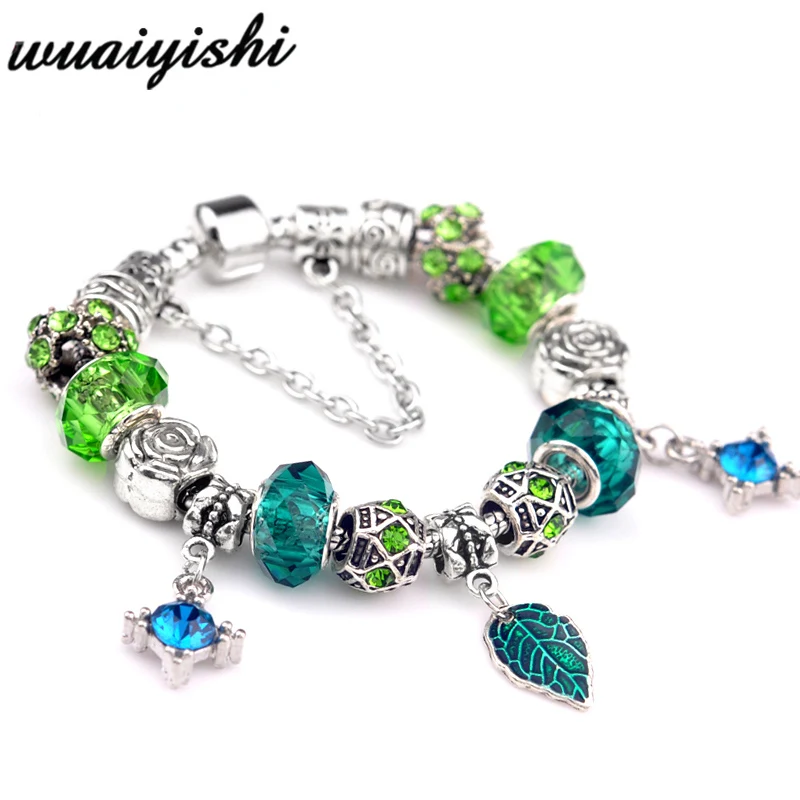 Green crystal Браслеты для девушек, Браслеты mujer, полимерные бусины Подвески украшения, серебряные DIY Браслеты для женщин, модная повязка на руку, цепочка из сплава - Окраска металла: Green crystal