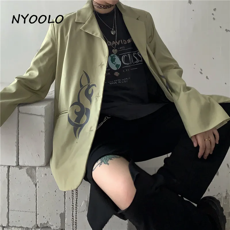 NYOOLO Harajuku Винтажная с драконом принт женский костюм с карманами Осенняя уличная одежда с длинным рукавом однобортное пальто женская мужская одежда верхняя одежда